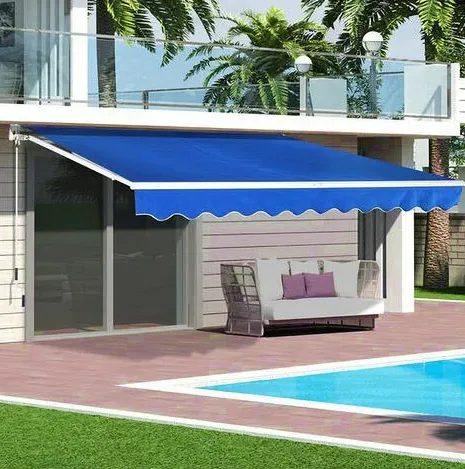 Canopy system for sun protection and shop coverage, available in various sizes with manual or motorized operation and durable galvanized frame.