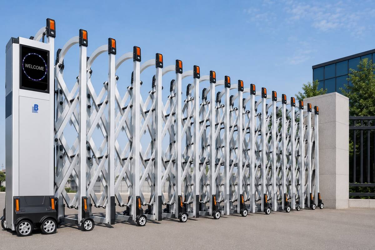 Accordion sliding gates, a durable and space-saving entrance control solution made from high-quality stainless steel and aluminum with remote operation.