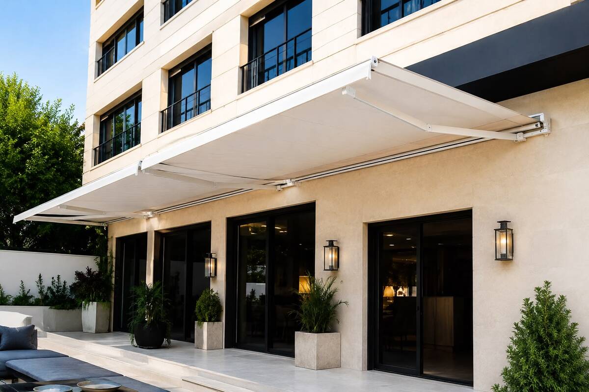 Awning system with motorized remote control, designed for balconies, shops, and restaurants.