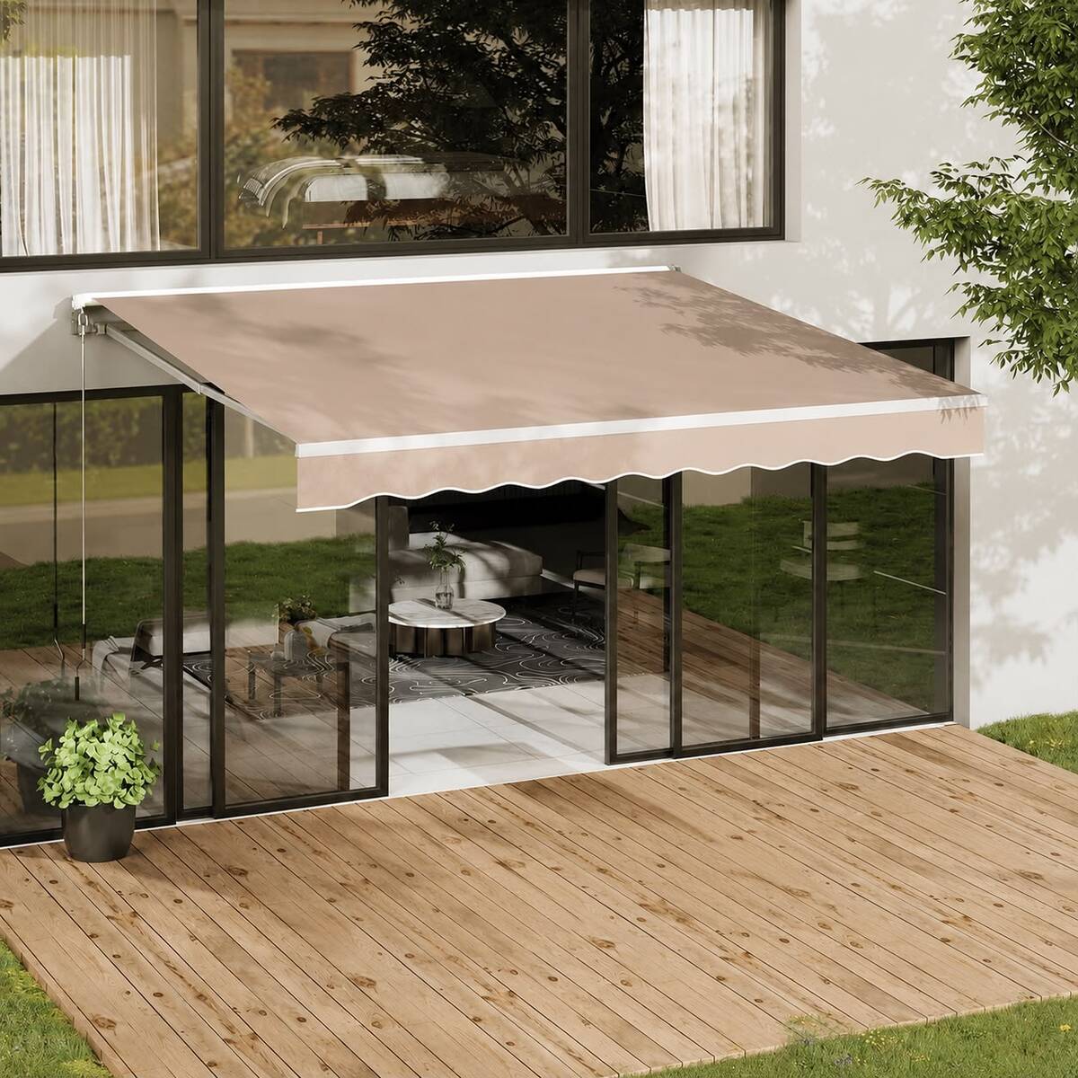 Canopy system for sun protection and shop coverage, available in various sizes with manual or motorized operation and durable galvanized frame.