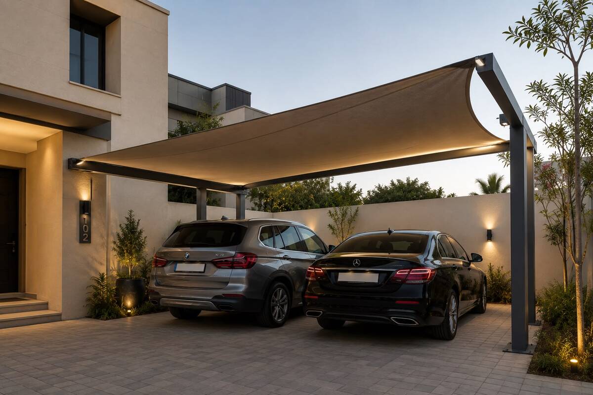 Car shades, high-quality sun protection structures designed to reduce heat and UV exposure using durable premium fabric.