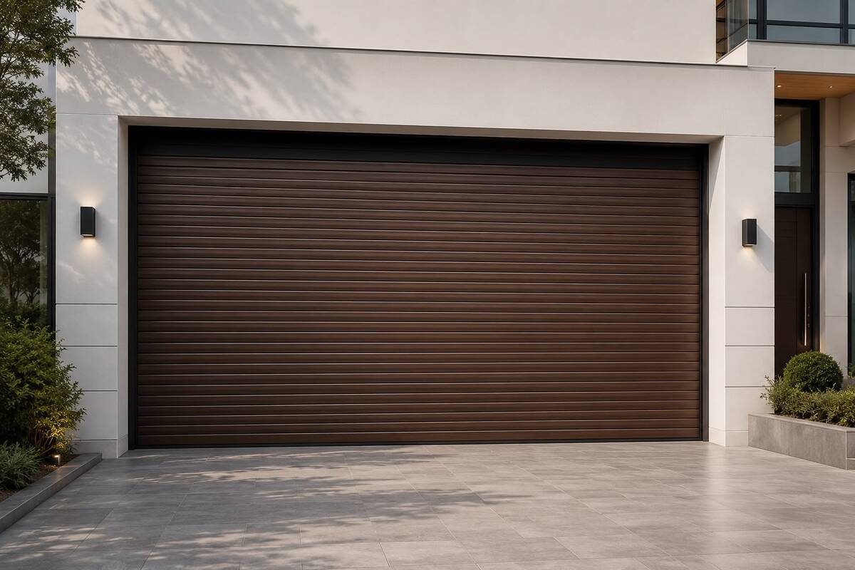 Residential roll-up garage door providing durability, and modern style
