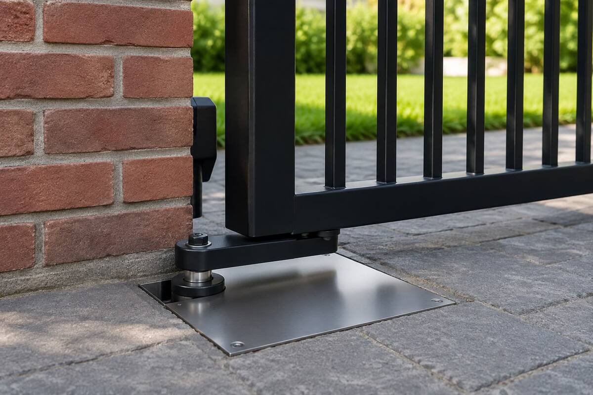 Frog-J underground double-leaf gate, a compact hidden automation system for swing gates requiring minimal installation space and masonry work.