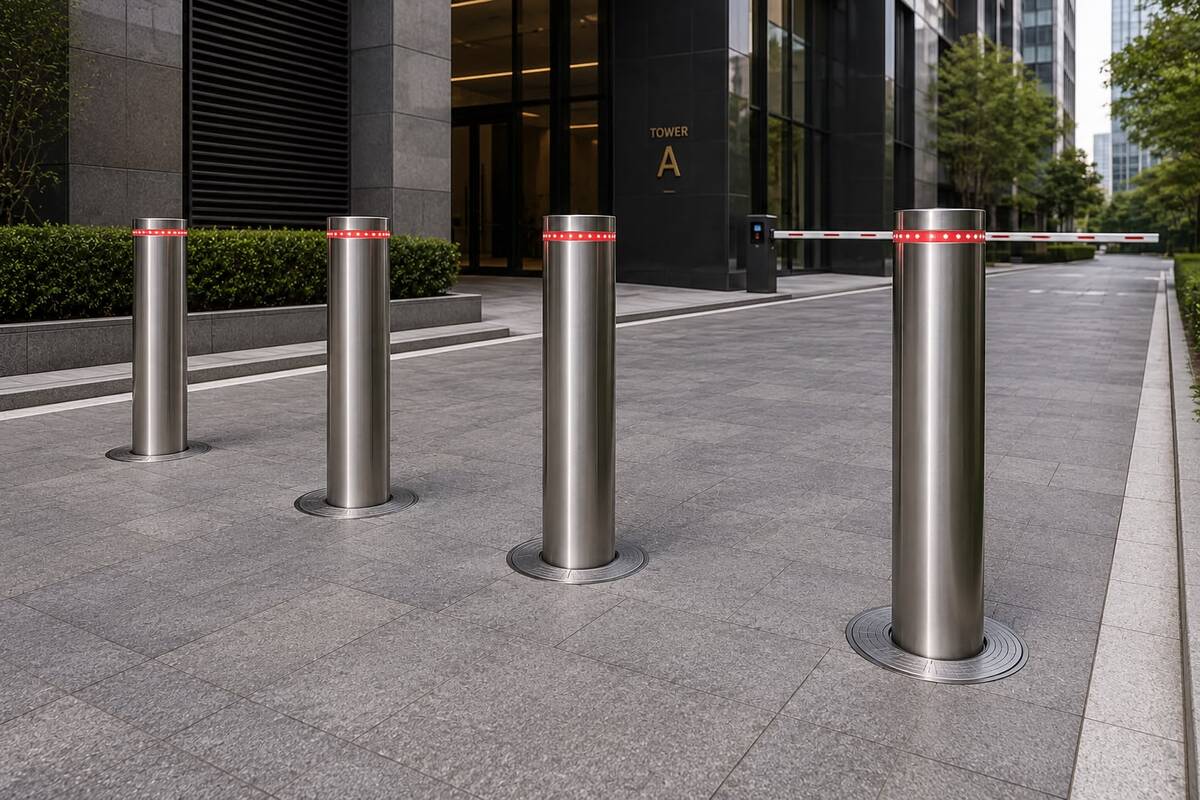 Retractable automatic bollards, a durable access control solution for managing vehicle entry in public and private areas.