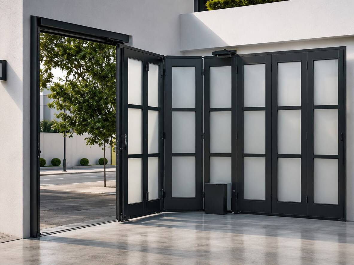 Modern panoramic garage door with sleek design and large glass panels